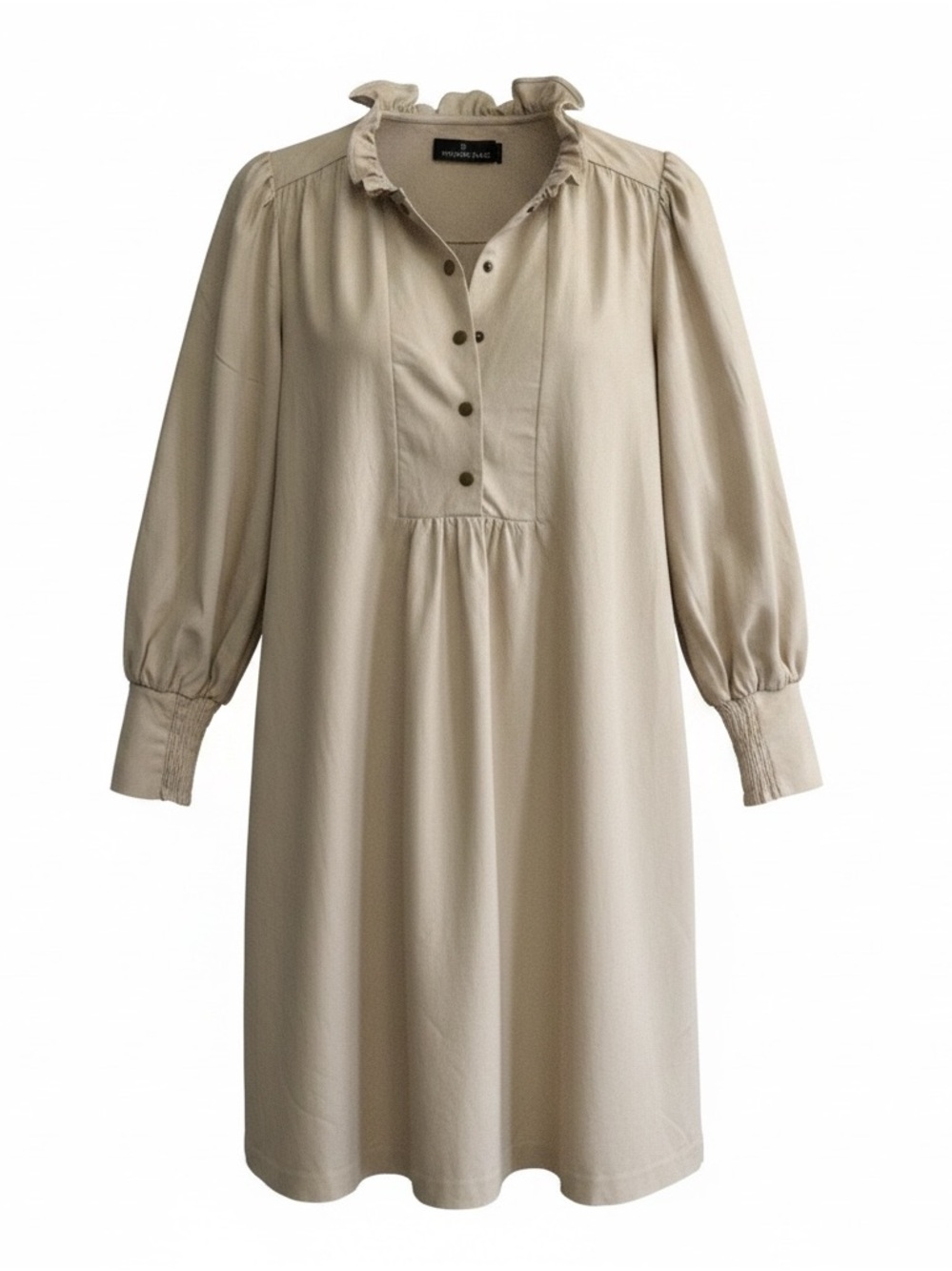 Pomander Place Beige Ruffle-Neck Long Sleeve Dress